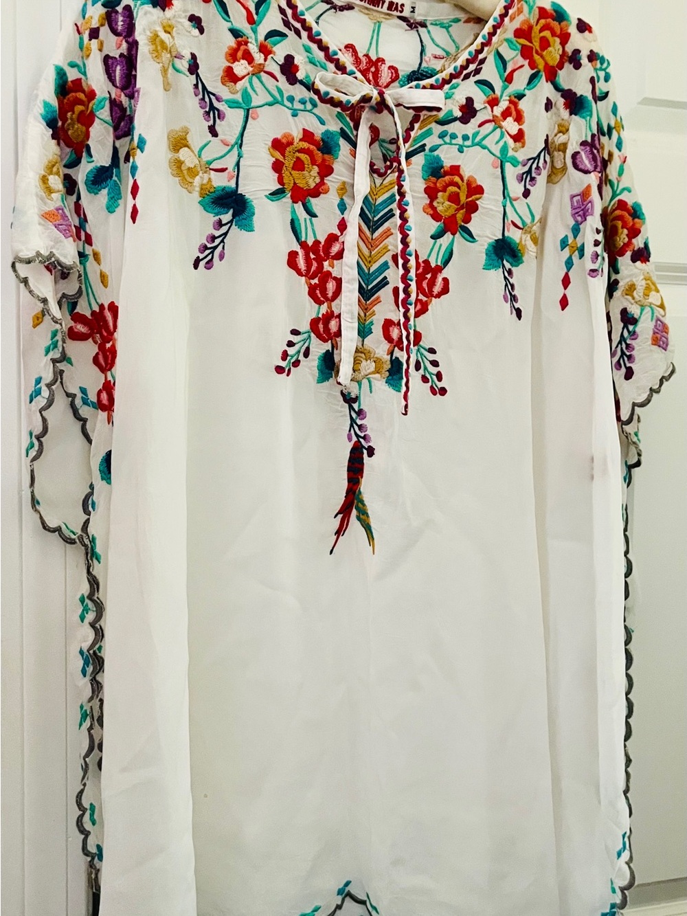 Johnny Was White Embroidered Boho Tunic Coverup with Multicolor Floral Details - Picture 2 of 5
